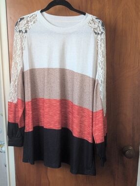 Lace-Shoulder Colorblock Long Sleeve Top - Coral, Beige, Black